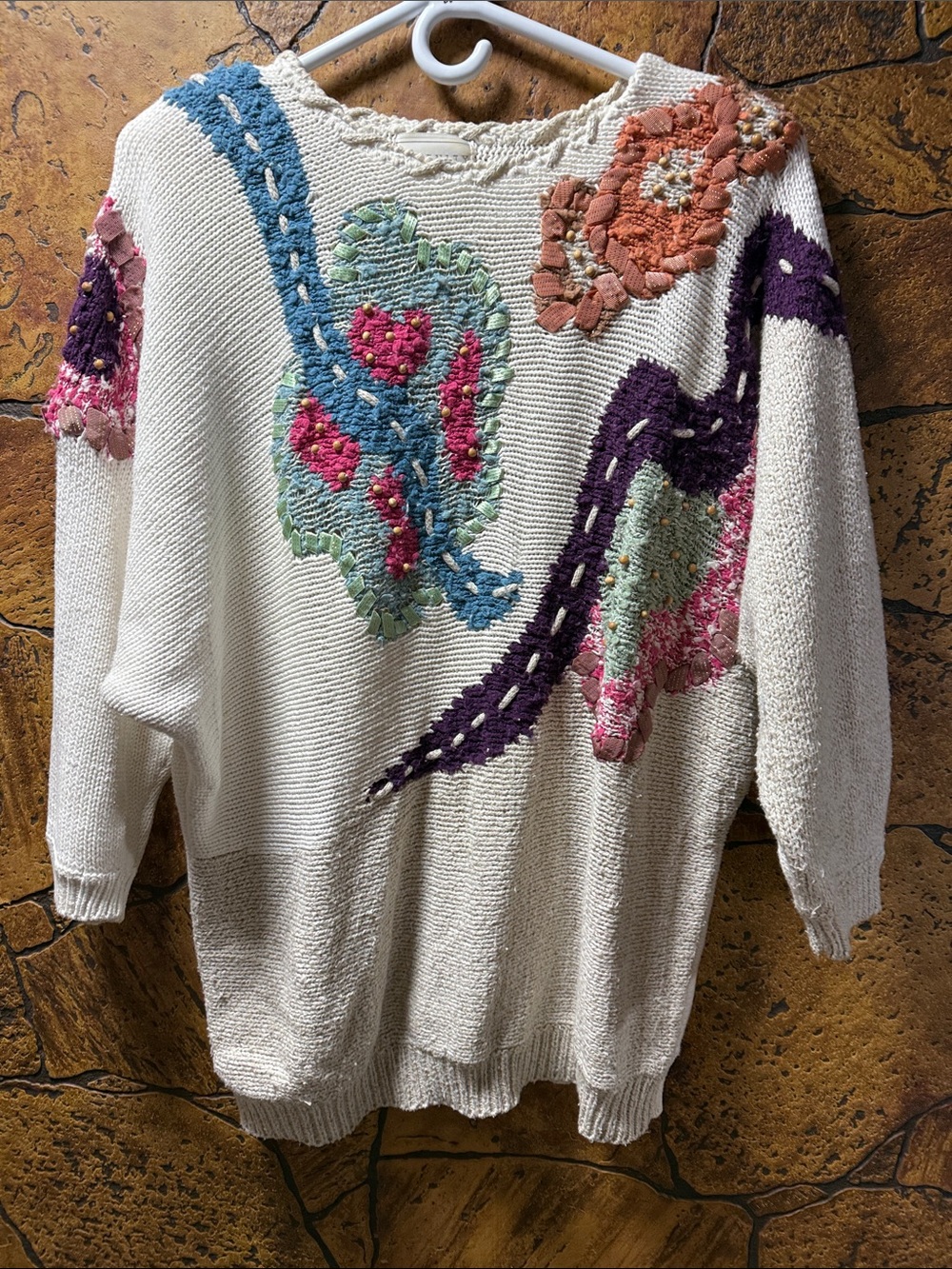 Serenity Cream Pullover Sweater with Multicolor Floral Appliqué